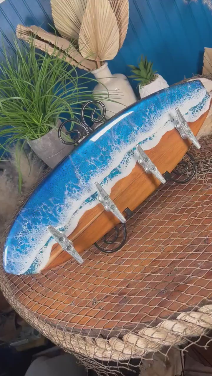 Teak wood Ocean Waves Resin Surfboard coat or towel hanger