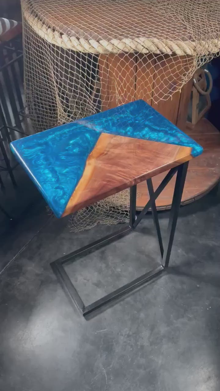BLUE WALNUT Epoxy Resin Table with Walnut Wood | Side Table | End Table | Accent Table, C-Table