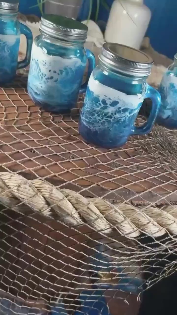 Ocean Waves 16 oz Mason Jar  Beverage Glasses with handles |Coastal Decor