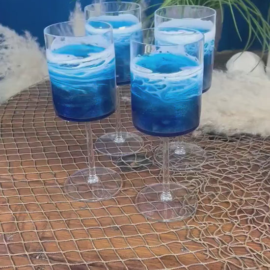 Blue with Ocean Waves 14 oz Acrylic Beverage Glasses | Wine Glasses