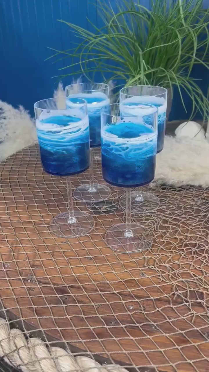 Blue with Ocean Waves 14 oz Acrylic Beverage Glasses | Wine Glasses