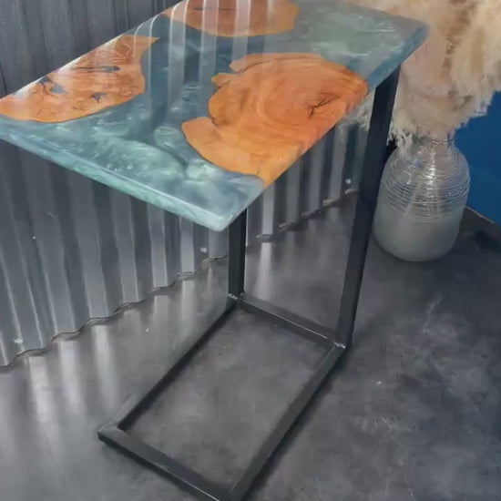Green & Silver Olive Wood Accent Table, Side Table, End Table, C-Table