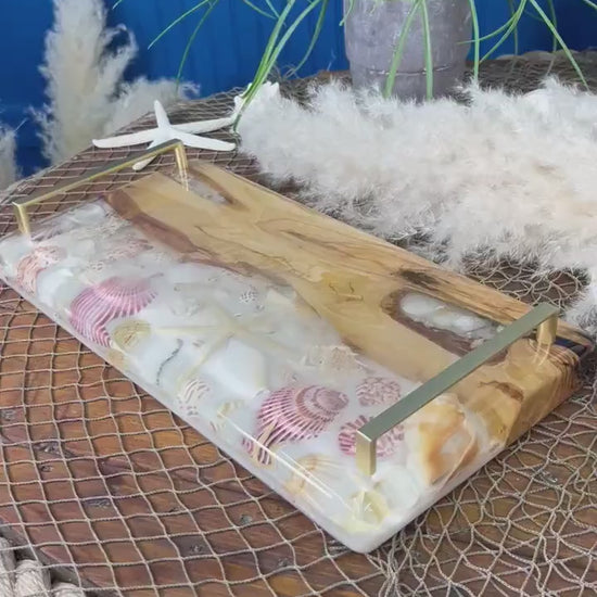 Sea Shell and Walnut Resin Serving Tray, Charcuterie Board/Wall Art