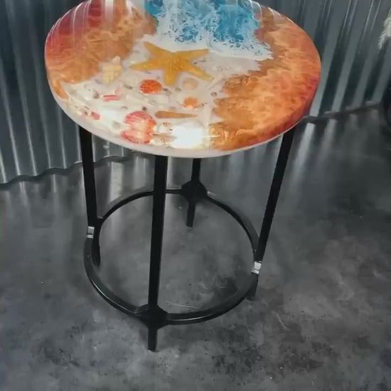 SEA SCAPE MALLEE Epoxy Resin Round Table with Mallee Burl, Ocean Waves, Sand & Shells | Side Table | End Table | Accent Table