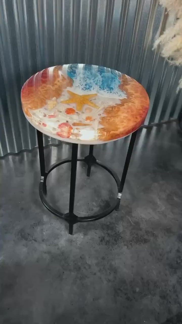 SEA SCAPE MALLEE Epoxy Resin Round Table with Mallee Burl, Ocean Waves, Sand & Shells | Side Table | End Table | Accent Table